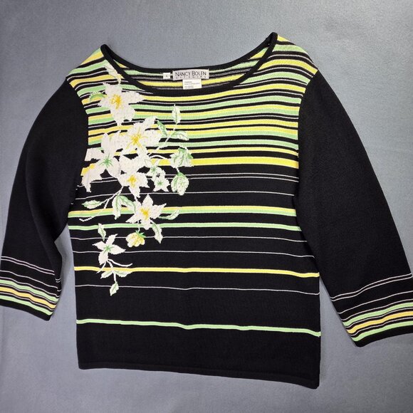 Nancy Bolen Sweater Womens Large Black Striped Floral Embroidered Pullover Rayon - Picture 1 of 9